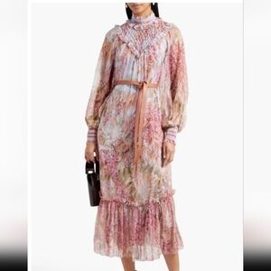 Zimmermann Botanica Belted Smocked Floral-print Silk-georgette Midi Dress Lilac